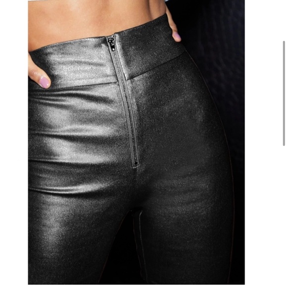 Skinny Zip Front Black Metallic High Waisted Pants Wide Waist Band Stretchy - Picture 4 of 6